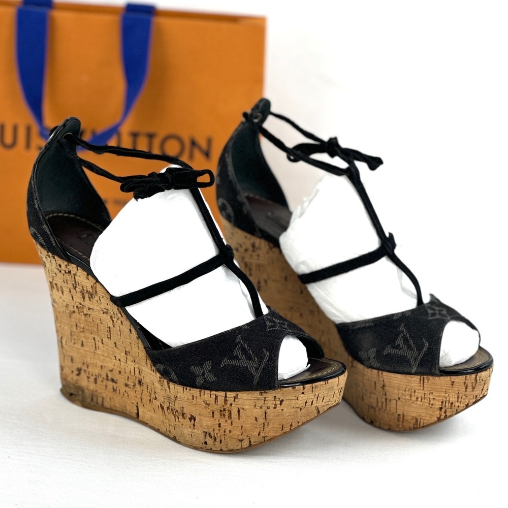 ❌SOLDX 💎Louis Vuitton Black Denim Wedges - Picture 3 of 16
